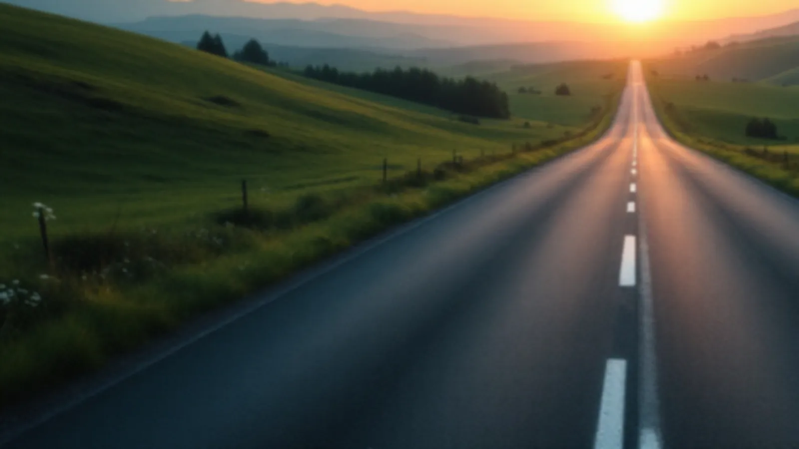 An empty country road leading through green hills toward a soft sunrise, the GarageFunds view of car repair loans online, $100 – $5,000